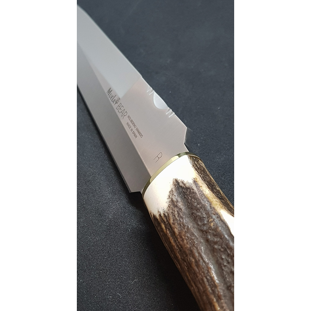 Нож "BEAR" с фикс клинком длиной 24 см, рукоять рог оленя с кроной, ножны кожа