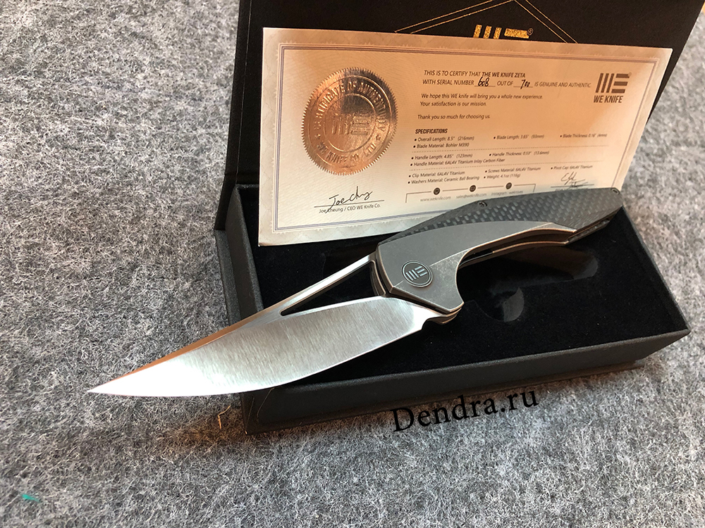 Нож складной We Knife  ZETA 720A, цвет серый, сталь M390, длина клинка 93 мм, рукоять титан/карбон, frame lock
