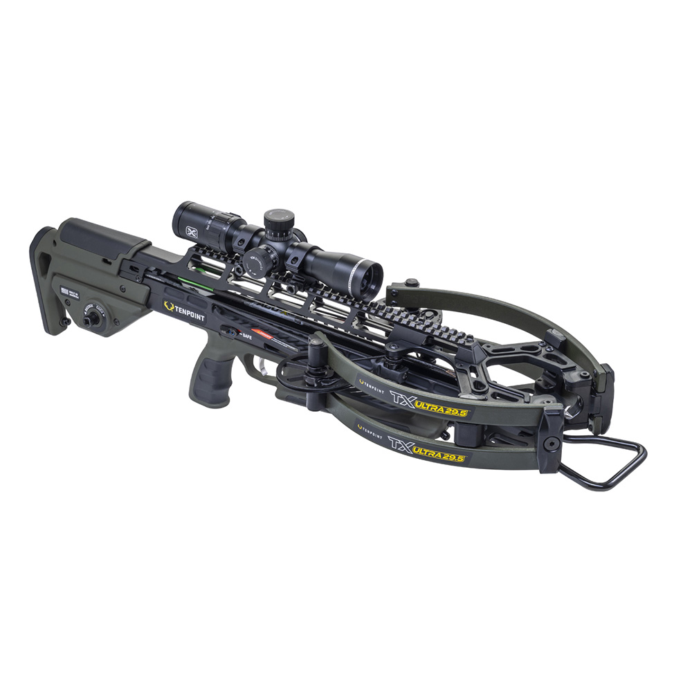 Блочный арбалет TenPoint TX Ultra 29.5, длина 29,5", ширина 11/6,5", ход тетивы 13,5", вес 8 фунтов, скорость 460 fps, цвет зеленый
