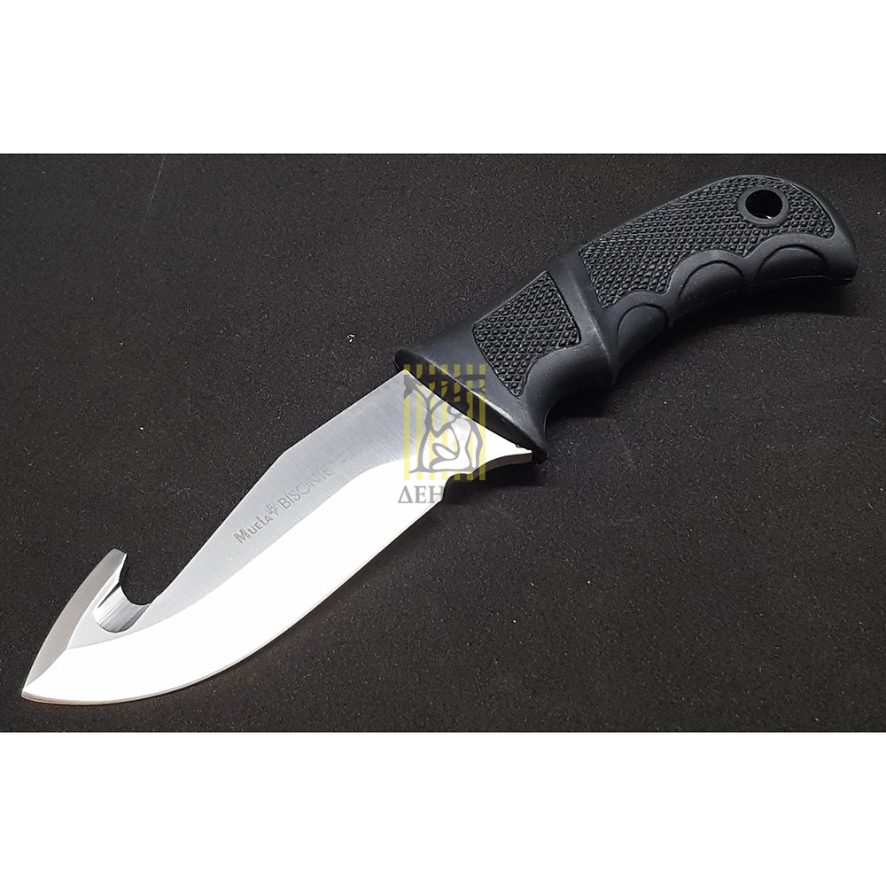 Нож-скиннер "BISONTE", клинок 11 см крюк, рукоять черный пластик, ножны кожа