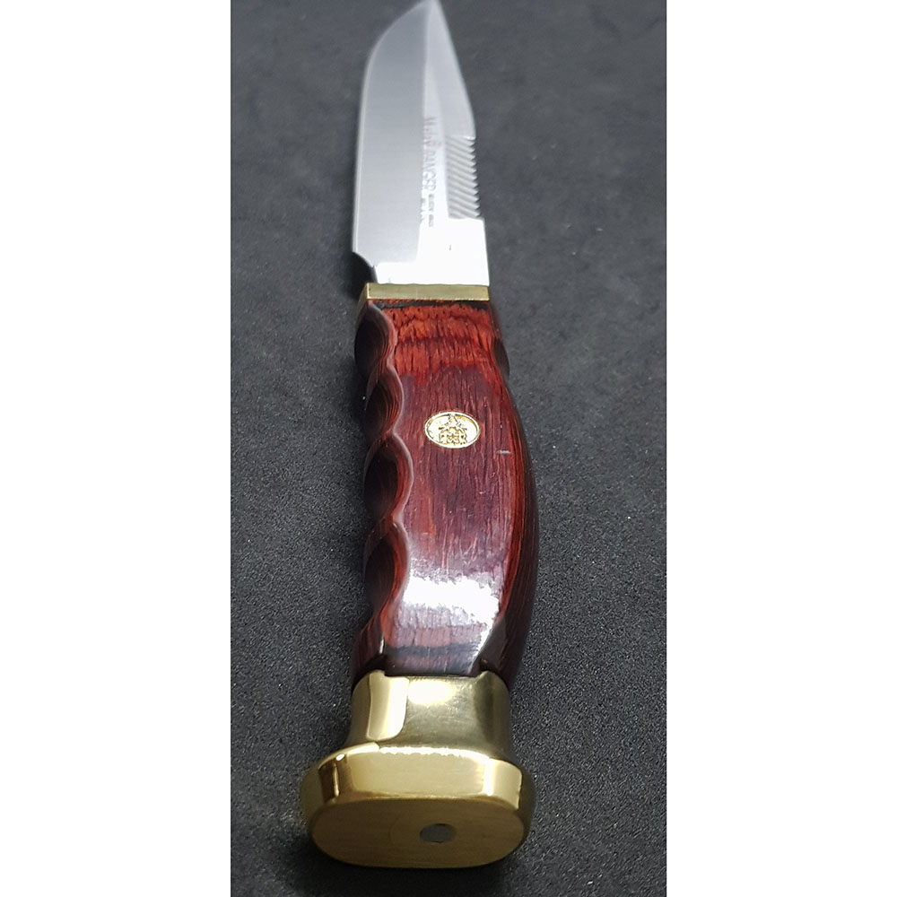 Нож "RANGER" с фикс клинком длиной 14 см пила на обухе, рукоять красная микарта, ножны кожа