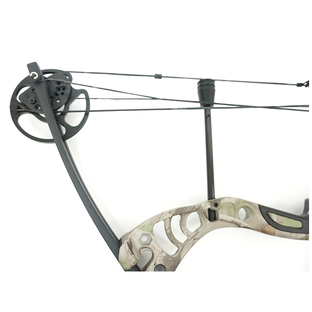 Лук блочный, рукоять алюминий, плечи фиброглас, начальная скорость 296 фут/сек, сила 55Lbs, цвет кам