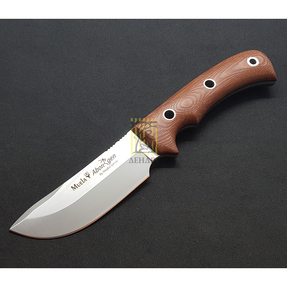 Нож "ABORIGEN" с фикс клинком длиной 12 см, рукоять бежевая микарта (canvas-micarta), ножны кожа