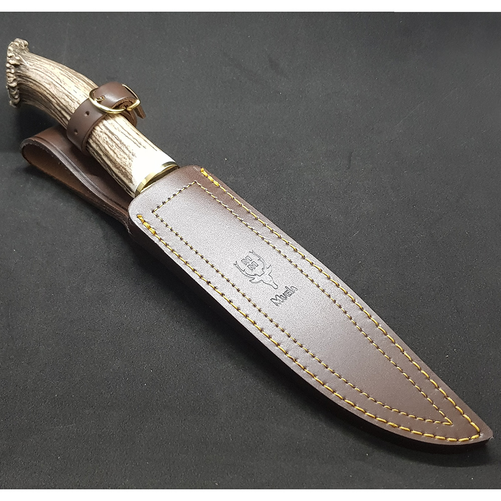 Нож "SARRIO" с фикс клинком длиной 19 см, рукоять рог оленя с кроной, ножны кожа