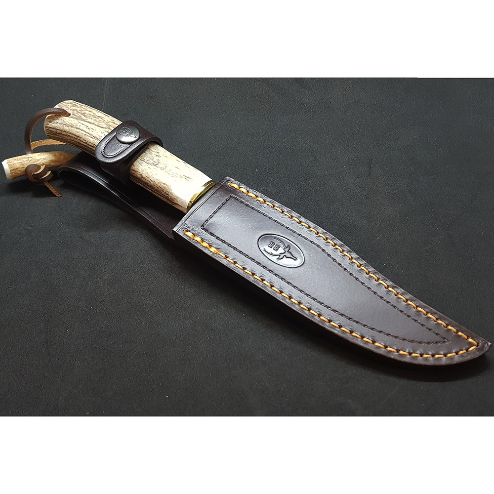 Нож "GRED" с фикс клинком длиной 16 см, рукоять рог оленя, ножны кожа