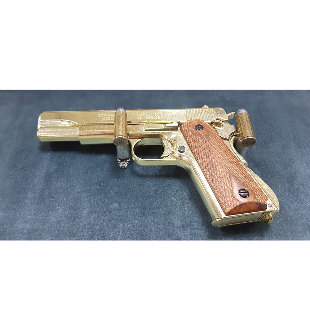 Пистолет автоматический КОЛЬТ-45 1911г, США, калибр 45, крепление 2 шт. пули в комплекте, цвет золотистый, матовое покрытие, накладки из темного дерева,