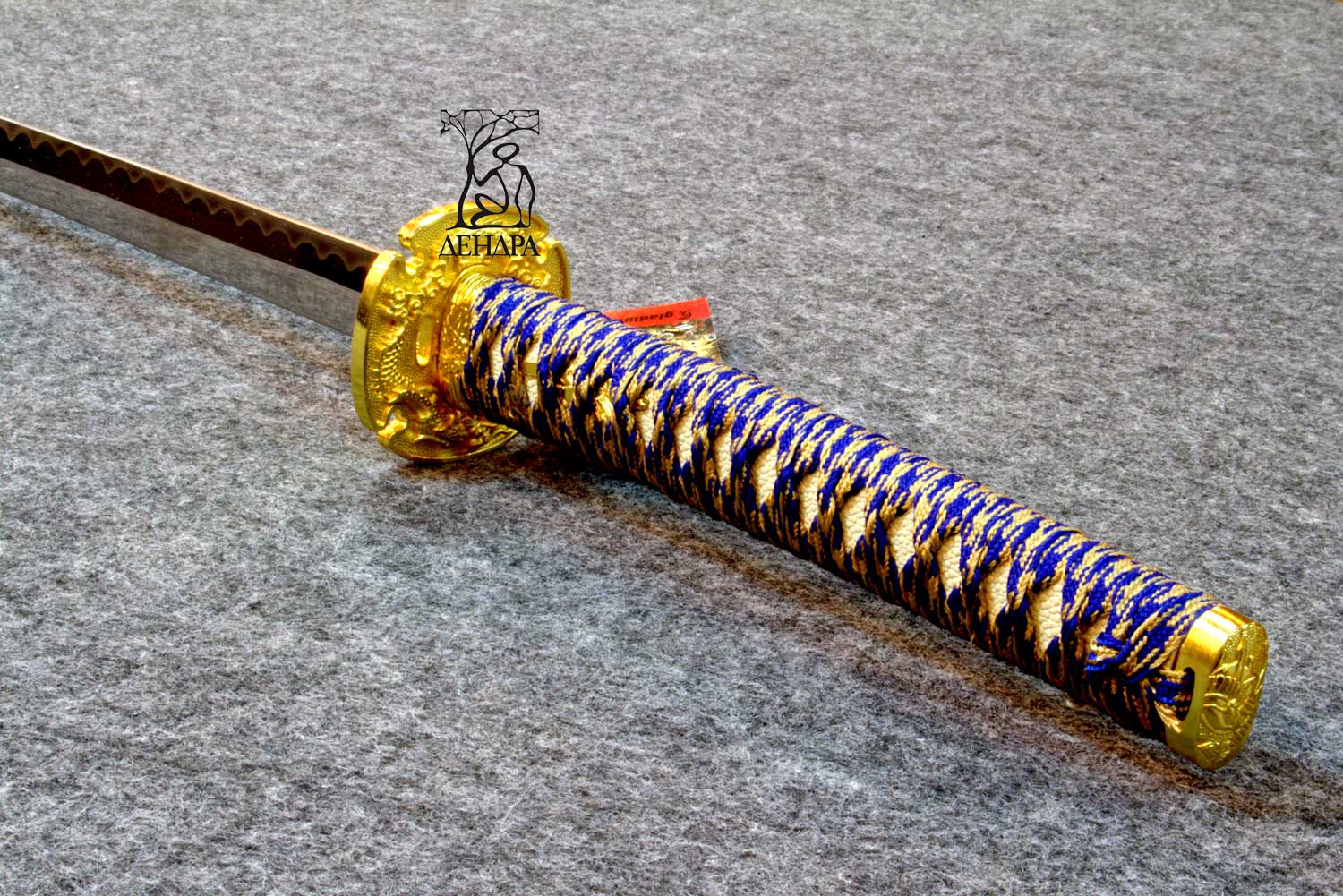 Катана, цвет жёлто-синий, рукоять плетёная, ножны плетёные, латунь