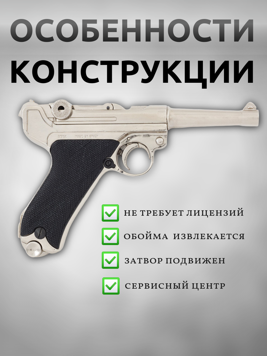 Пистолет Люгер модель P08, полуавтоматический, Германия, 1898 г., никелированный корпусплас, тиковые