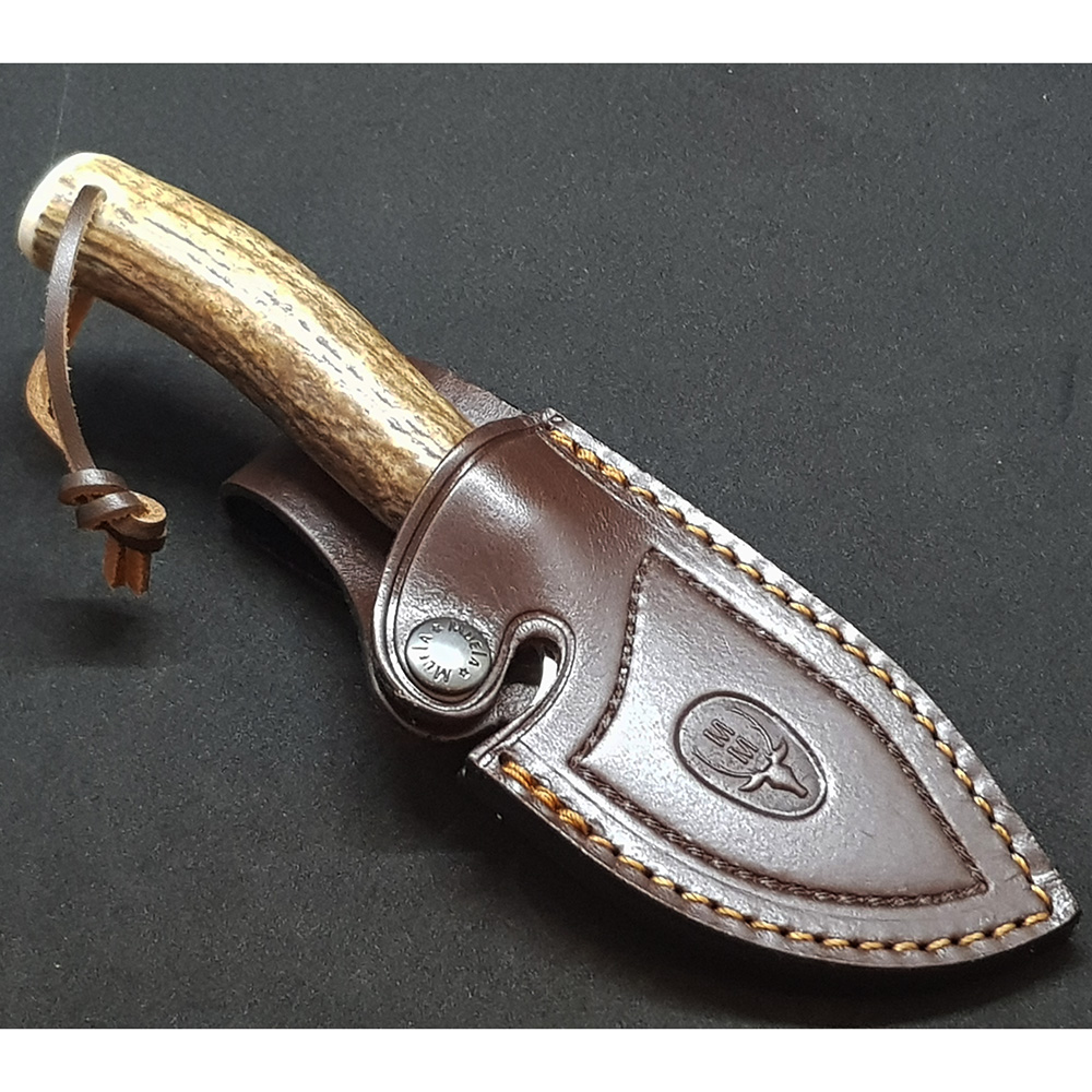 Нож-скиннер "RACOON", клинок 8 см крюк, рукоять рог оленя, ножны кожа