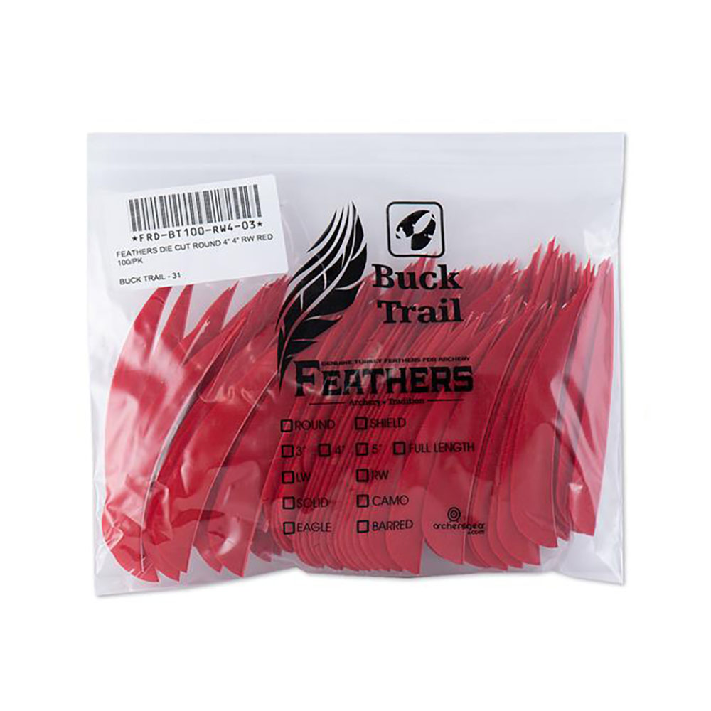 Оперение натуральное для стрел, форма Round, размер 4", цвет красный, производитель Buck Trail, 100