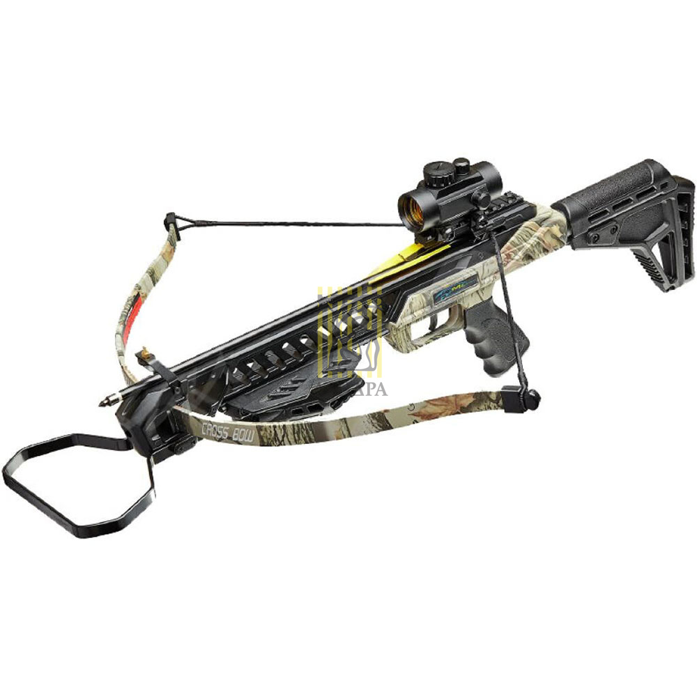 Арбалет рекурсивный, начальная скорость 255 фут/сек, размах плечей 26", длина натяжения 11", сила 95