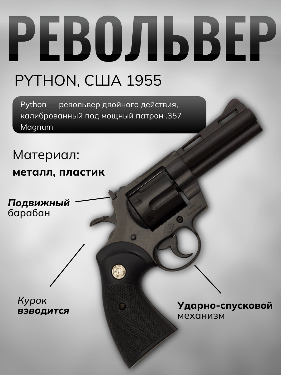 Револьвер Питон калибр .357 Magnum, длина 26 см, материал метал, пластик, модель 1955, США, цвет чер Револьвер Питон калибр .357 Magnum, длина 26 см, материал метал, пластик, модель 1955, США, цвет чер