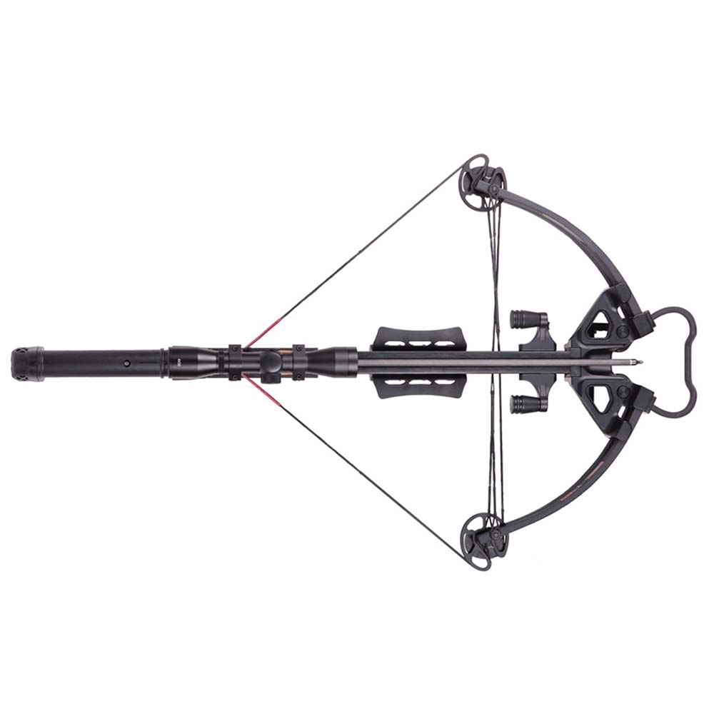 Арбалет блочный с защитой от холостого выстрела, начальная скорость 370 фут/сек, расстояние между осями 21,5", длина натяжения 14", сила 95 Lbs, цвет черный, в комплекте воск, 4 стрелы, прицел, натяжитель