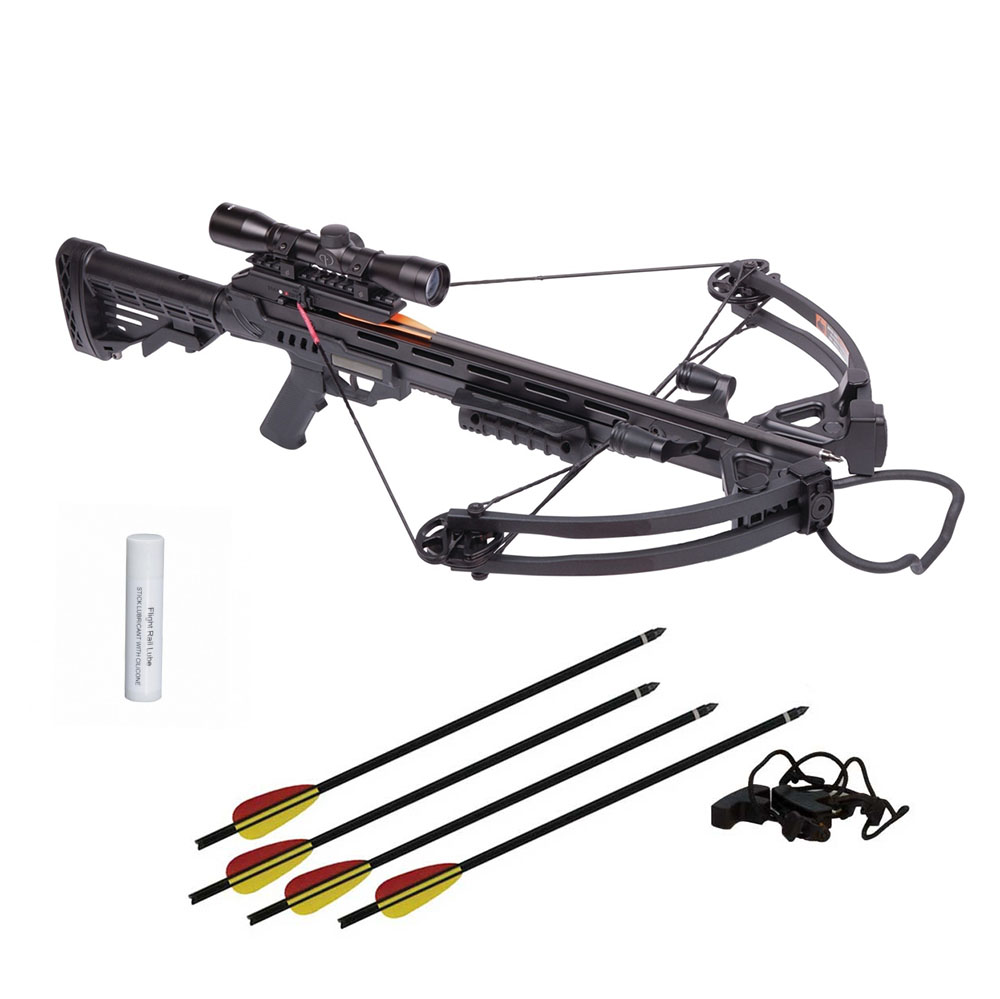 Арбалет блочный с защитой от холостого выстрела, начальная скорость 370 фут/сек, расстояние между осями 21,5", длина натяжения 14", сила 95 Lbs, цвет черный, в комплекте воск, 4 стрелы, прицел, натяжитель